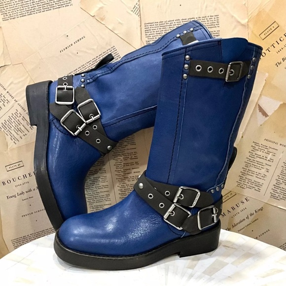 Free People We The Free Janey Engineer Boot Turkish Sea Blue Brown Trim - Picture 7 of 11